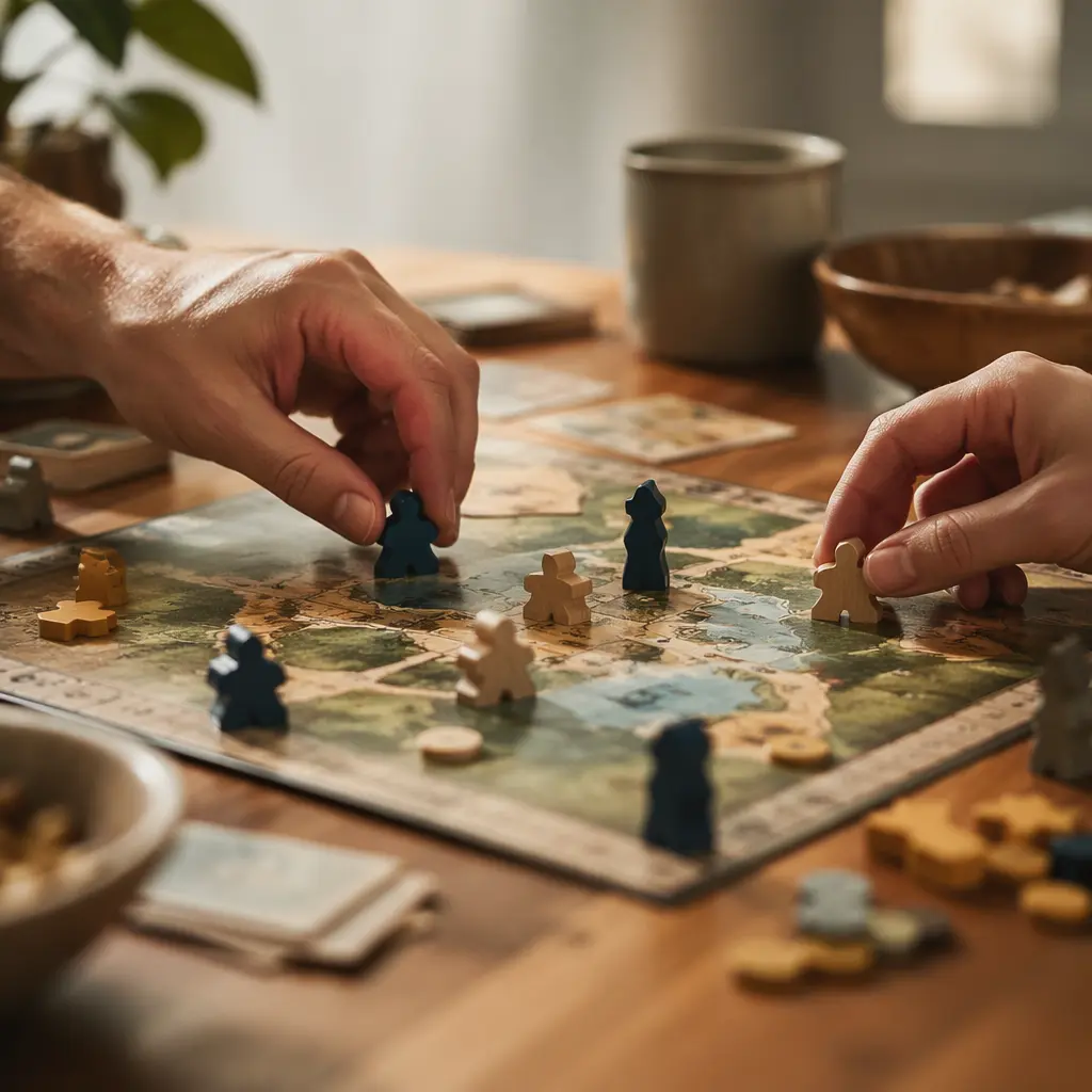 Hands moving wooden game pieces during a board game