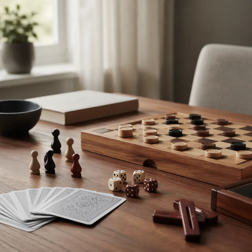 Classic wooden board game pieces arranged on a table in soft natural light