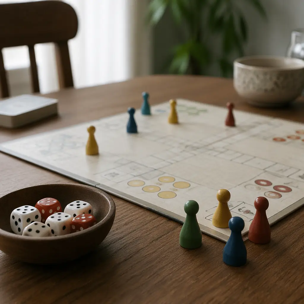 Close-up of a simple board game setup with wooden pieces