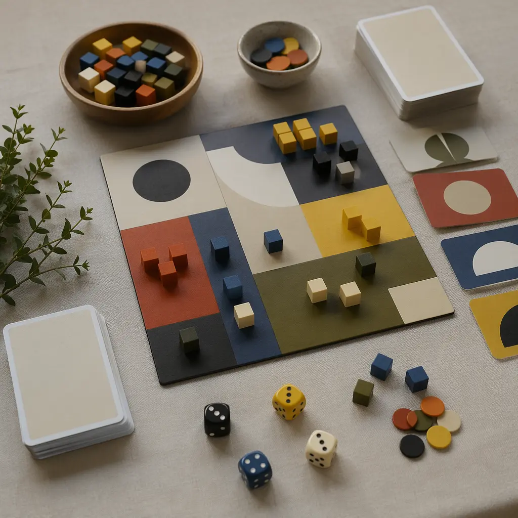 Overhead view of abstract board game pieces arranged on a table