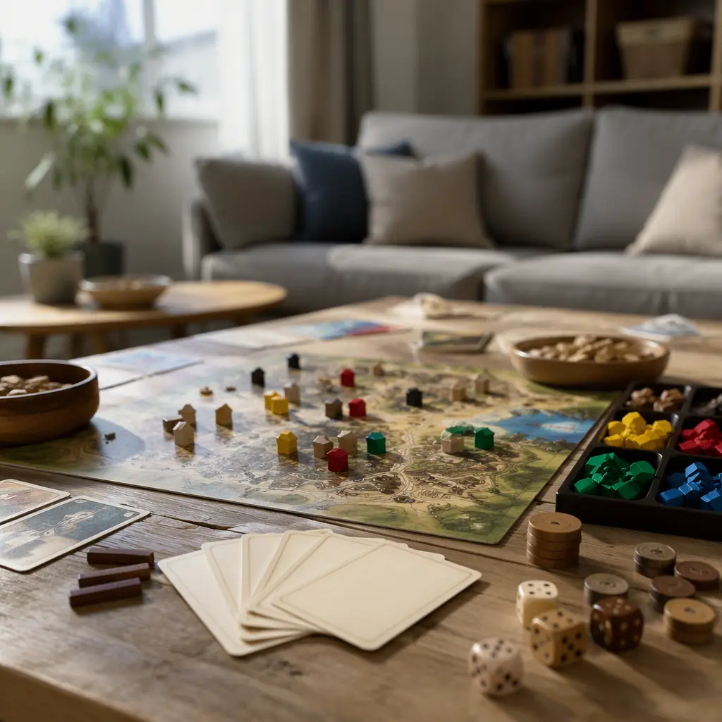 Classic board game components arranged on a table in soft natural light