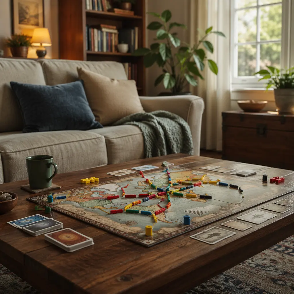 A board game set up in a cozy living room