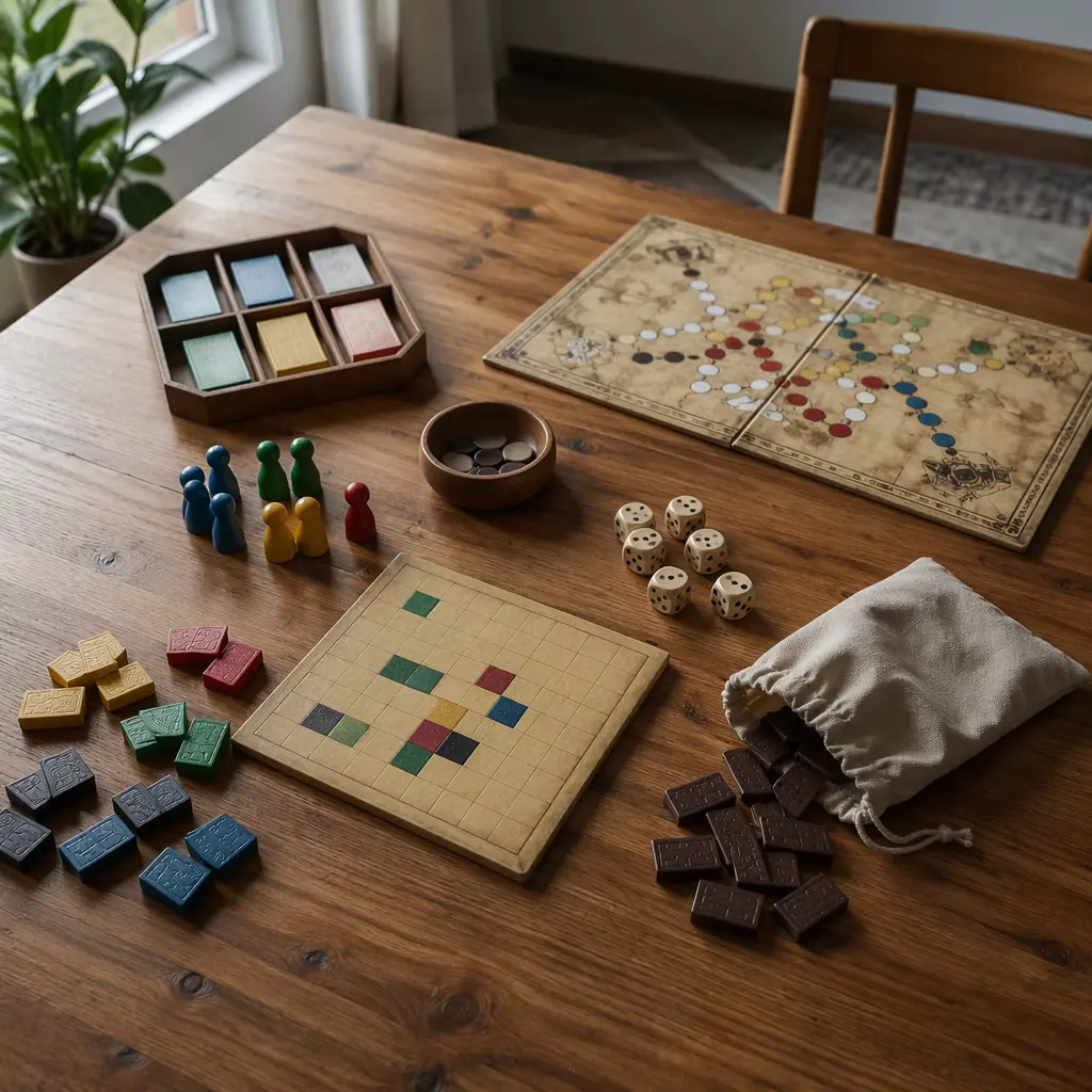 Classic board game pieces arranged on a table in soft natural light