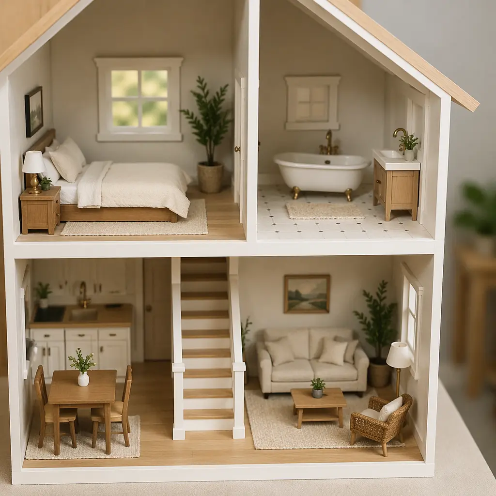 Inside view of a simple dollhouse with open rooms and furniture
