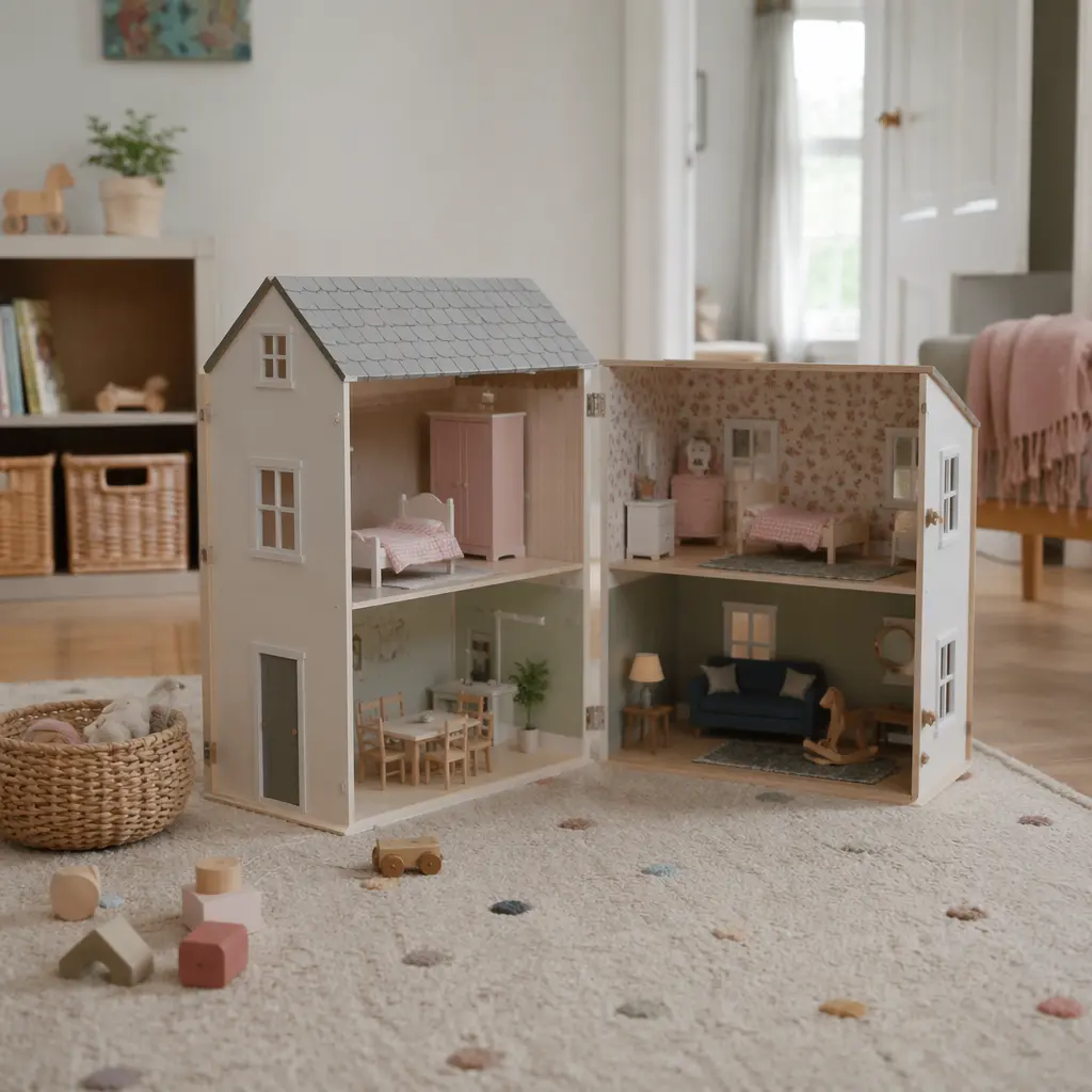 Simple foldable dollhouse in a bright playroom