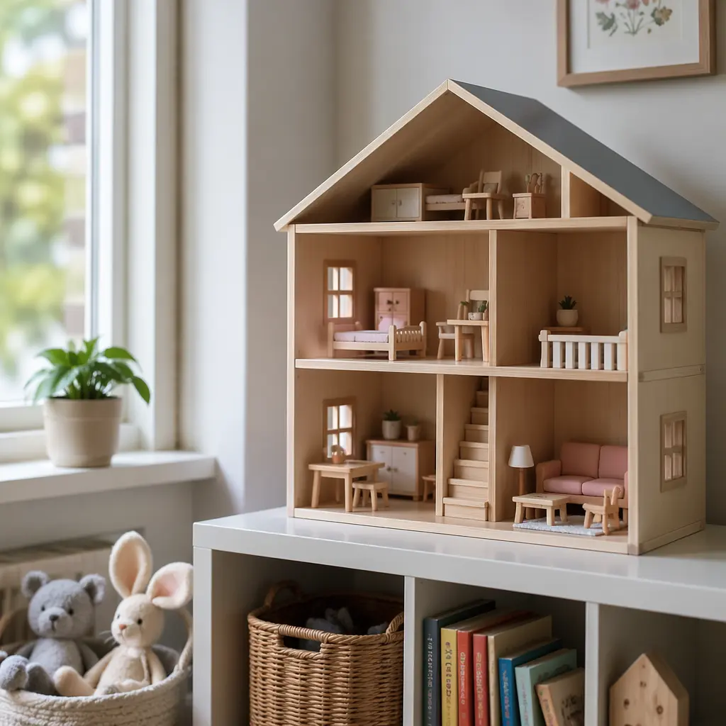 Classic wooden dollhouse with simple furniture in soft natural light