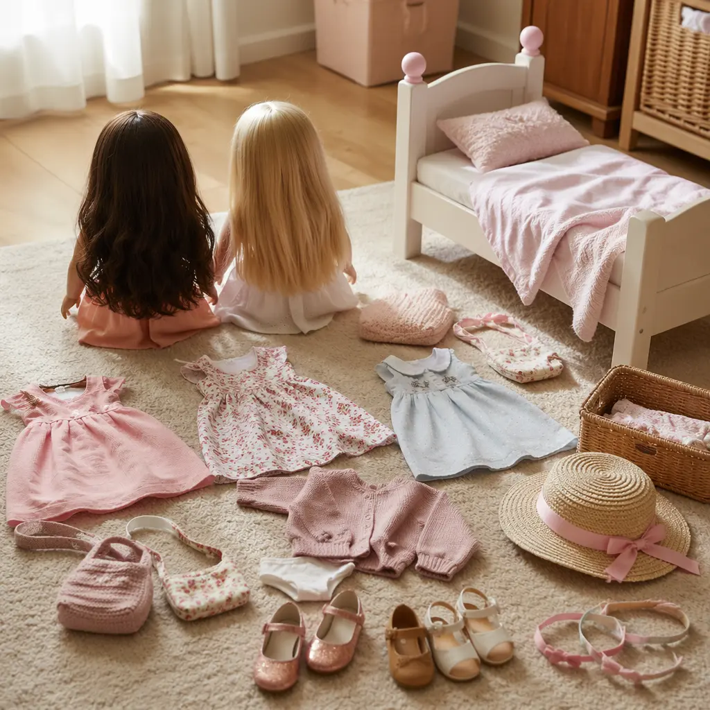 Doll accessories arranged on a playroom floor with soft daylight