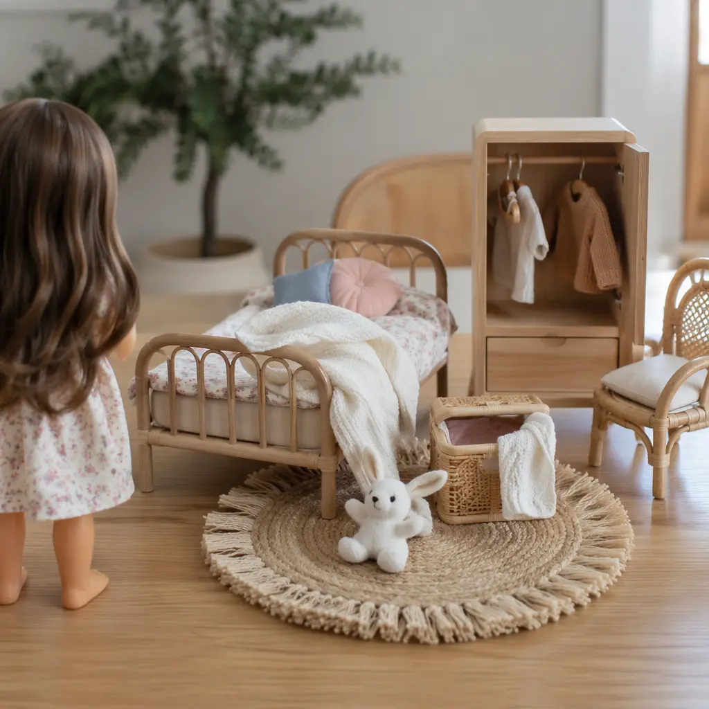 Doll furniture and props arranged on a wooden table