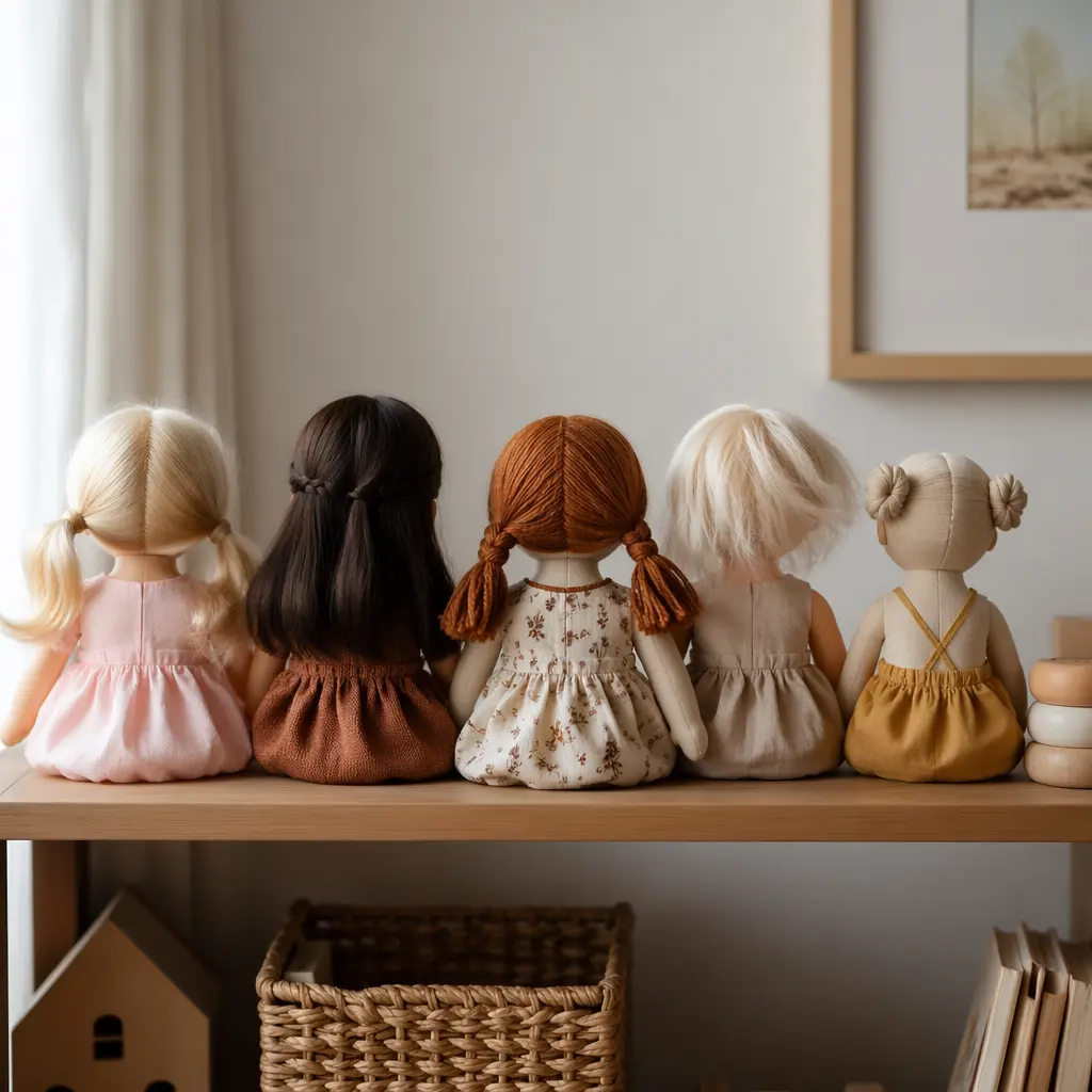 Classic dolls arranged on a shelf, shown from behind in soft natural light