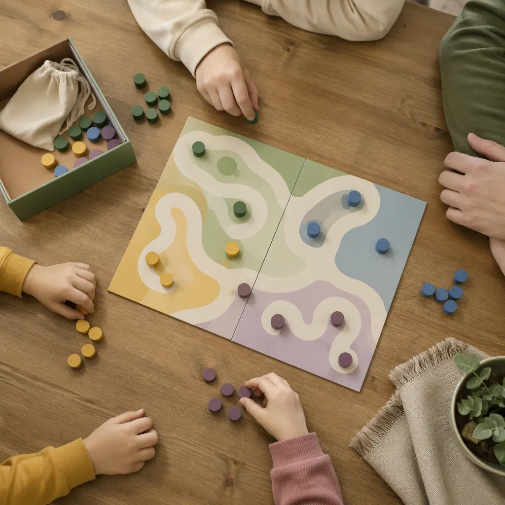 Overhead view of simple board game components arranged on a table