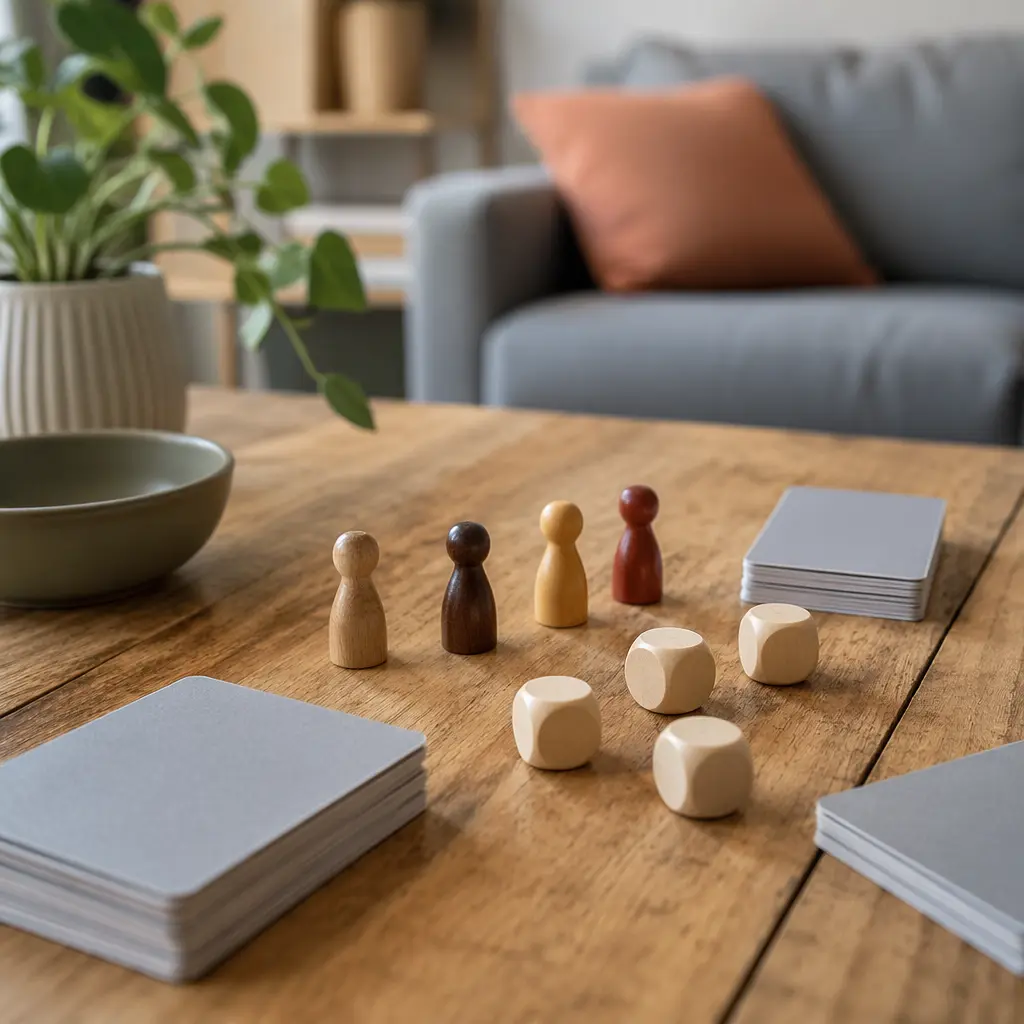 Simple tabletop board game setup with wooden pieces and cards
