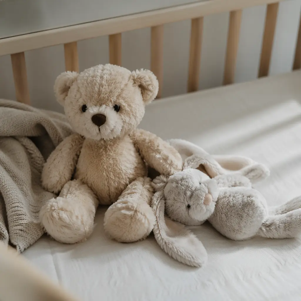 Simple plush toys resting on a crib mattress