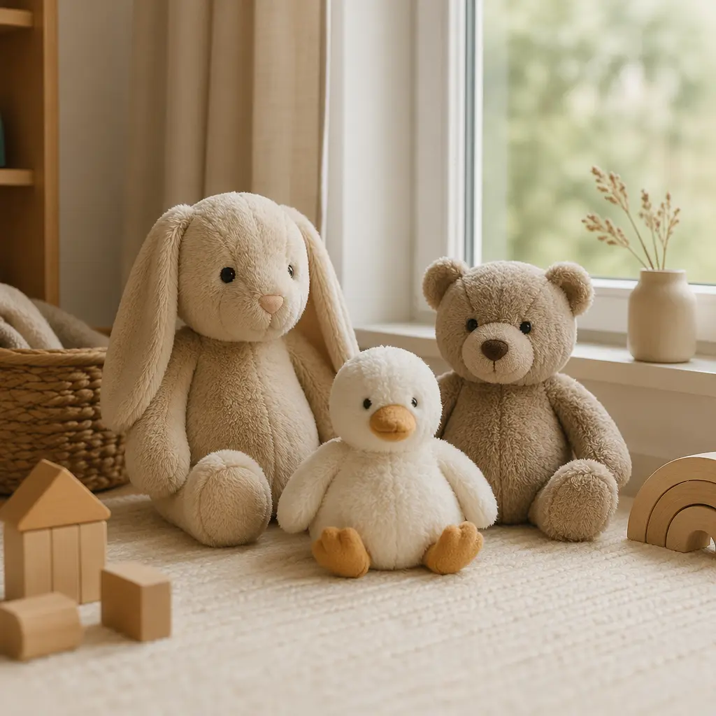 Minimalist plush toys on a nursery rug