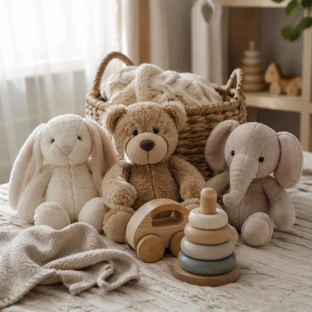 Soft classic plush toys arranged in a calm nursery