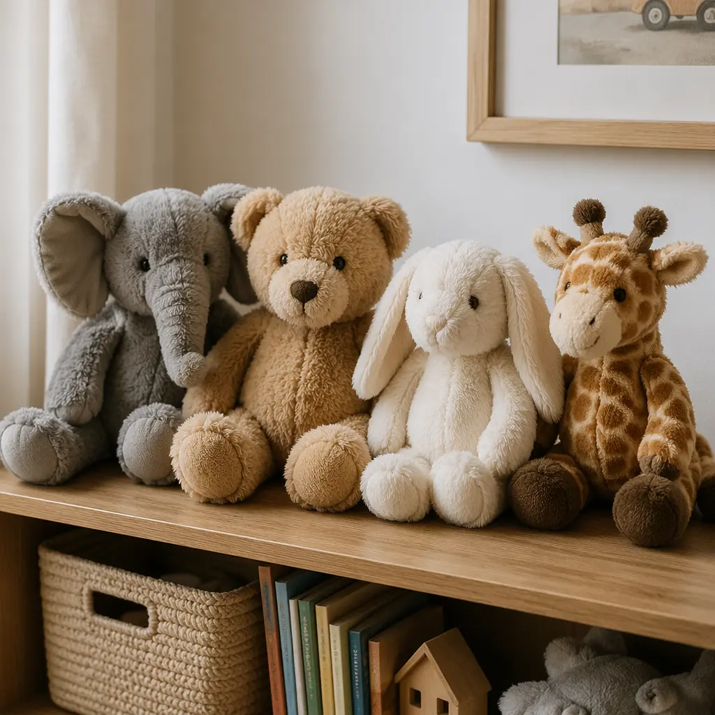 Classic plush animals displayed on a shelf in a child's room