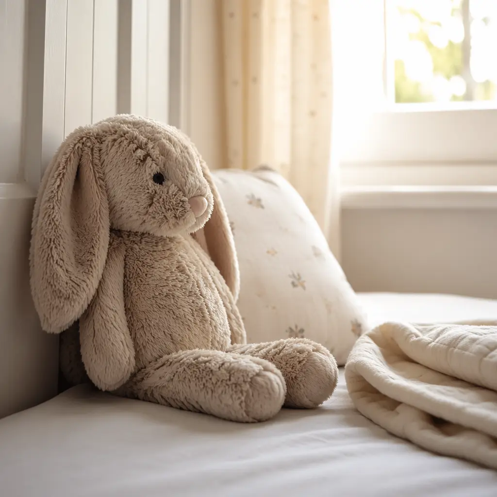 A plush toy resting beside a child's pillow in soft light