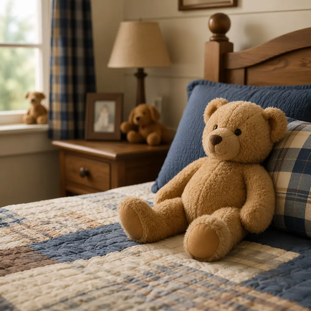 A classic plush teddy bear on a child's bed in soft natural light
