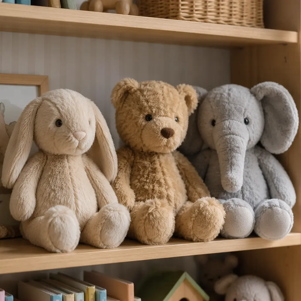 Durable classic plush animals displayed on a shelf