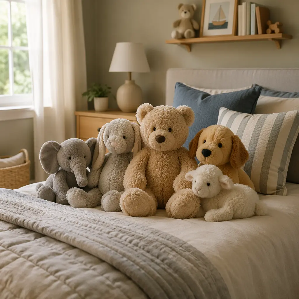 Classic plush toys arranged on a child’s bed in soft natural light