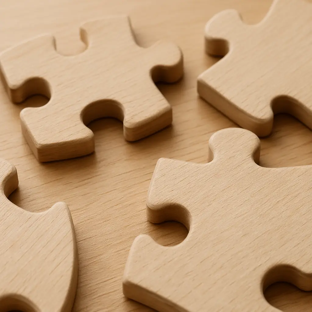 Close-up of chunky wooden puzzle pieces with smooth edges.