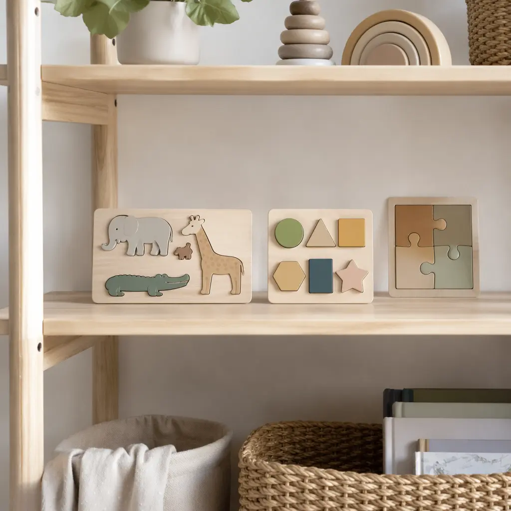 Neatly arranged wooden puzzles on a nursery shelf in soft daylight.