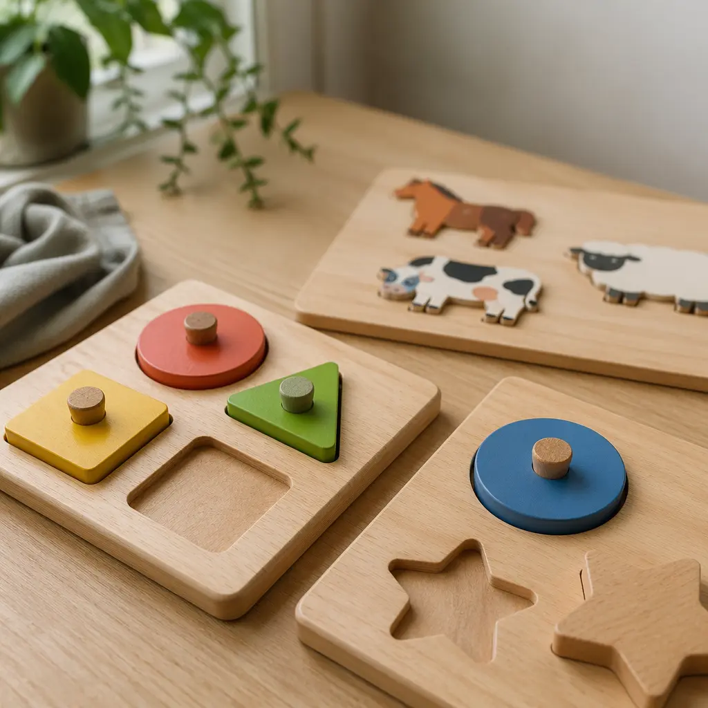 Simple wooden puzzle toys arranged neatly on a table in soft natural light.