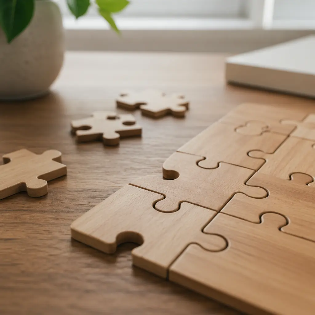 Interlocking wooden puzzle pieces mid-assembly on a tabletop