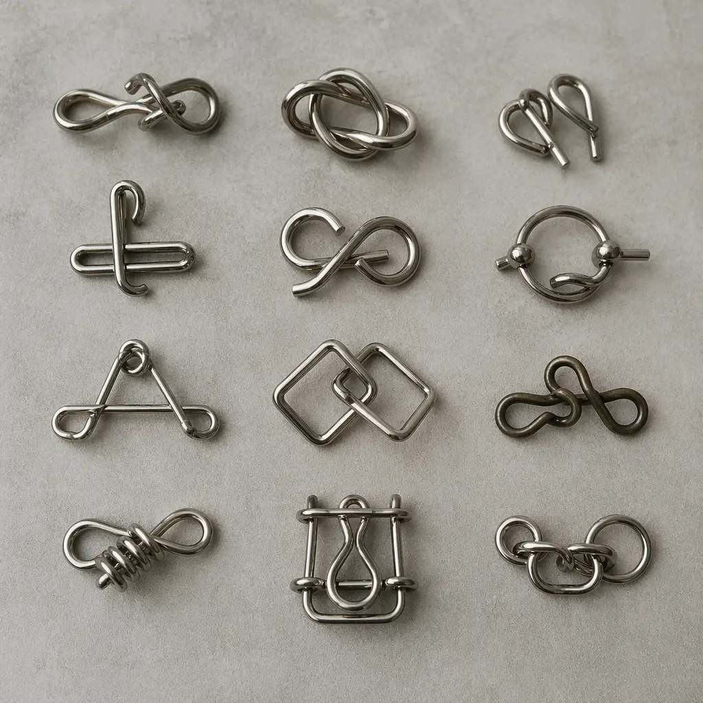 Metal disentanglement puzzles arranged on a neutral surface