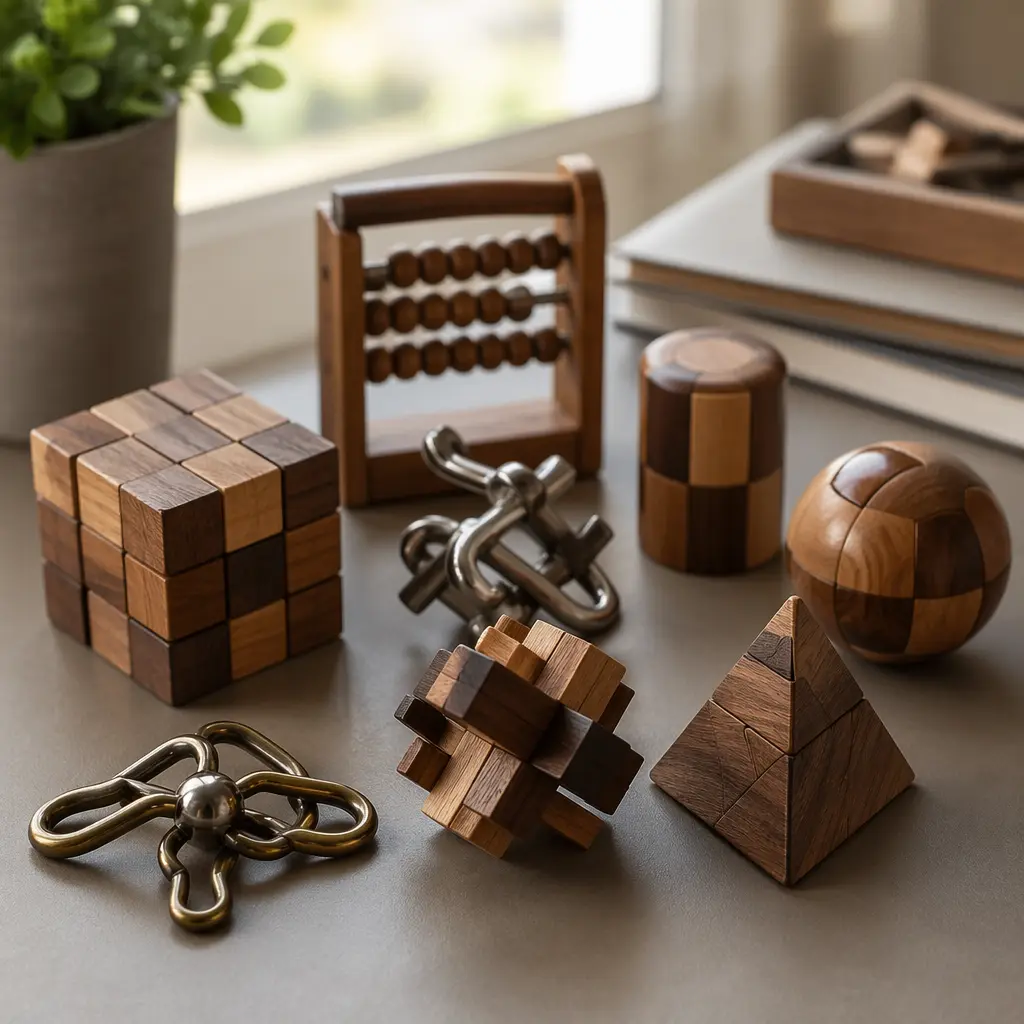 A collection of classic mechanical and wooden puzzle toys arranged on a desk