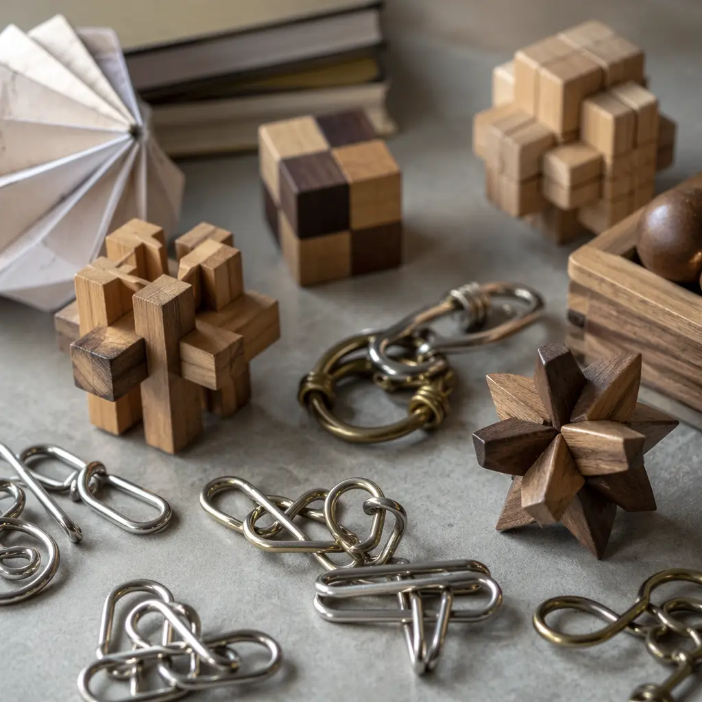 Close-up of wooden and metal unplugged puzzles on a desk