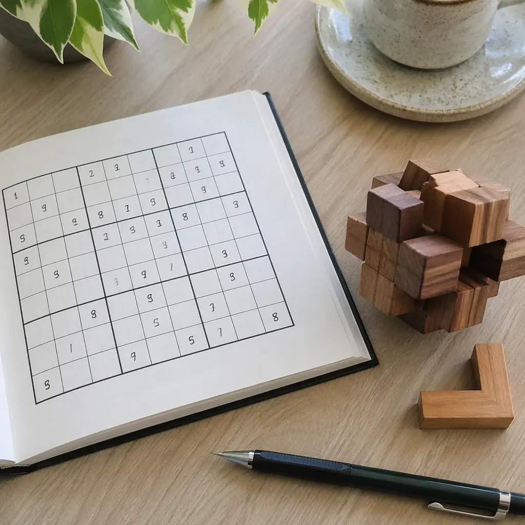 Overhead view of logic and mechanical puzzles in progress