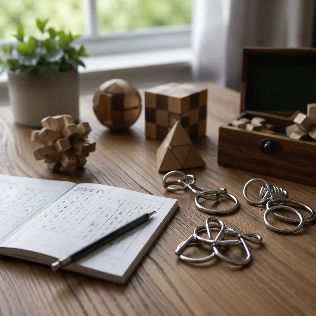 A tabletop arrangement of classic unplugged puzzles in soft natural light