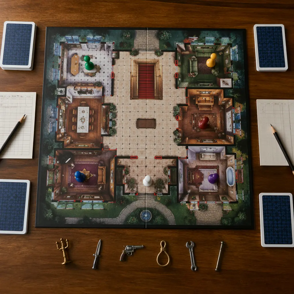 A classic murder-mystery board game set up on a table with tokens, cards, and a mansion board.