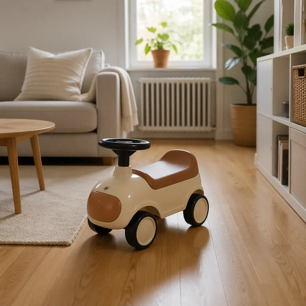 Compact toddler ride-on toy in a small living room