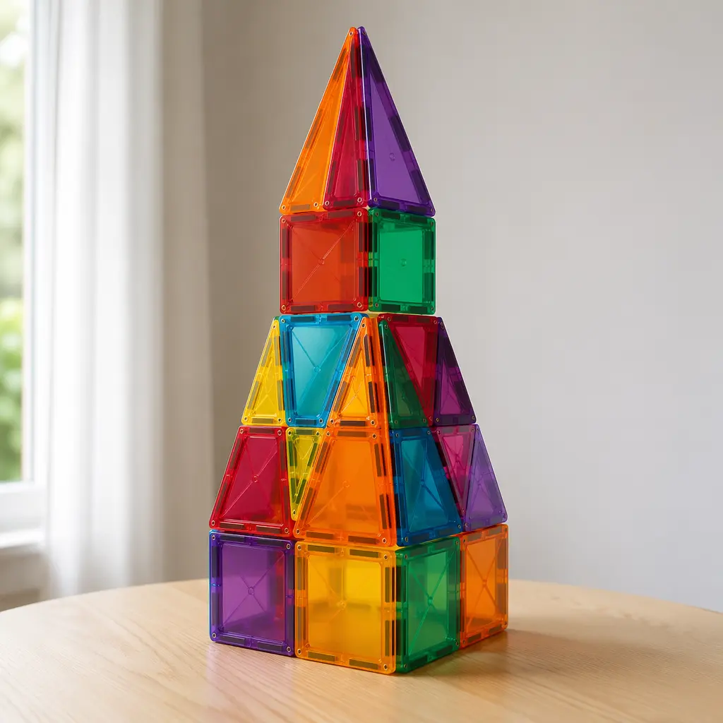 Translucent magnetic tiles built into a geometric tower on a wooden table