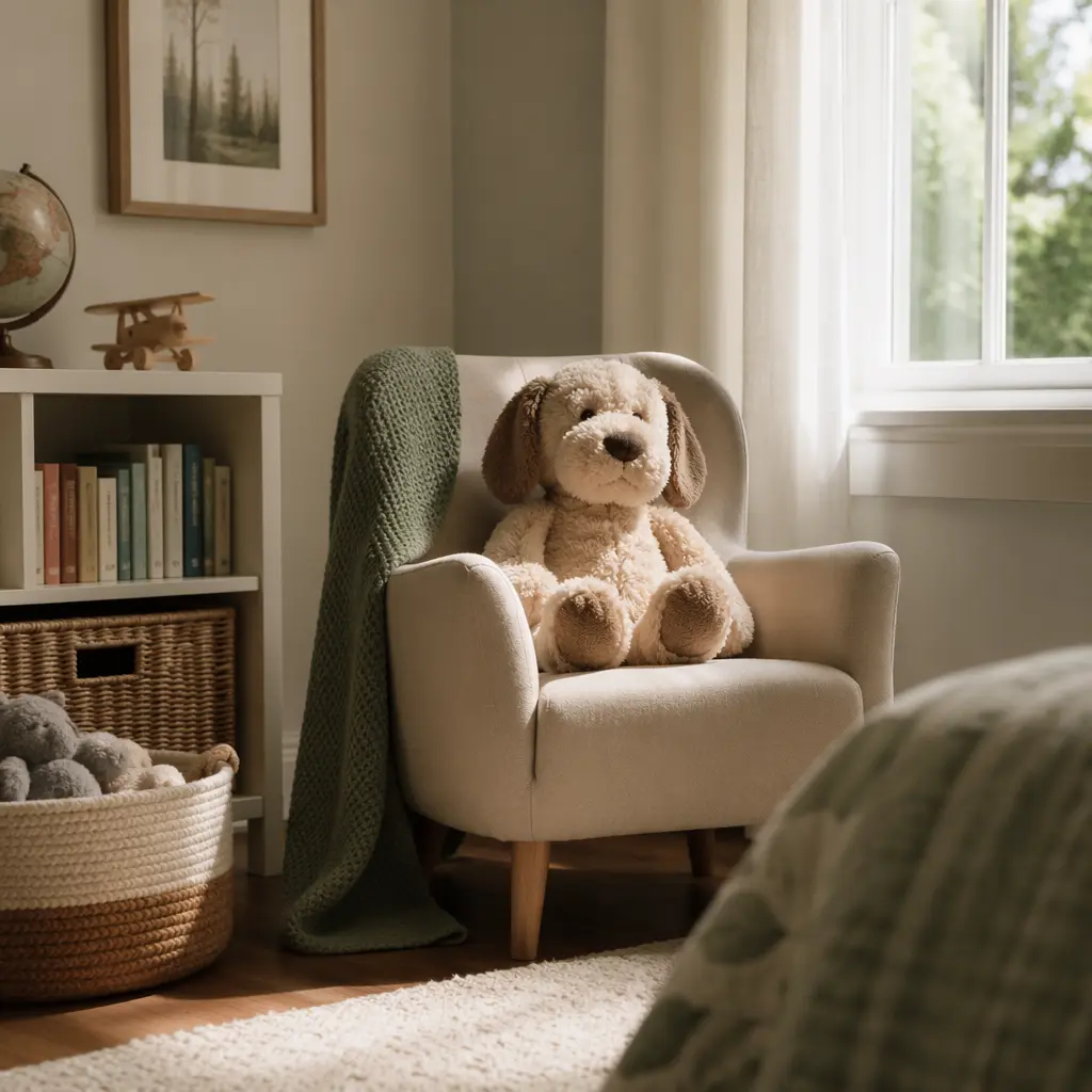 Plush toy in a calm, cozy room setting