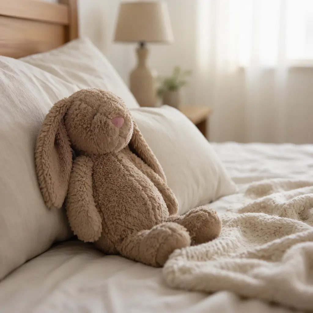 A soft plush toy on a bed in gentle natural light