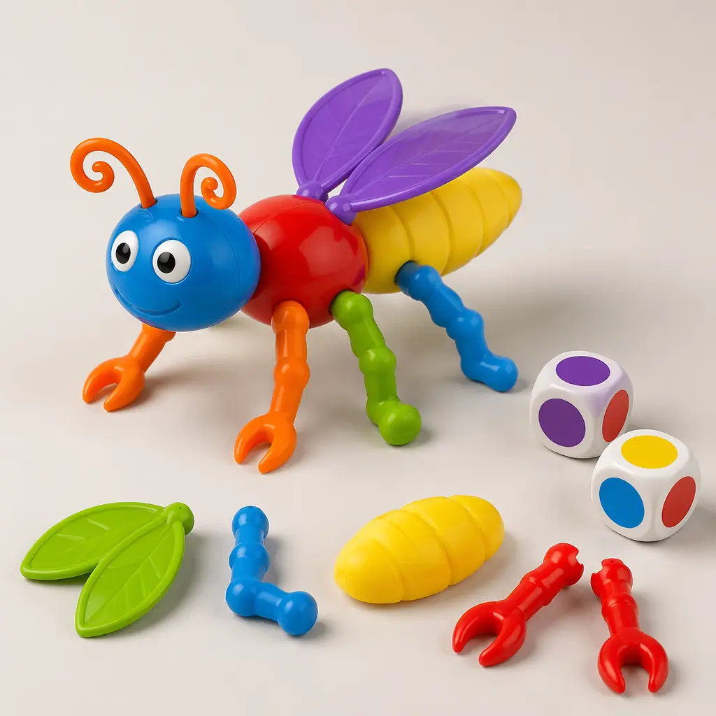 A classic children's game featuring colorful plastic bug pieces assembled into a silly insect.