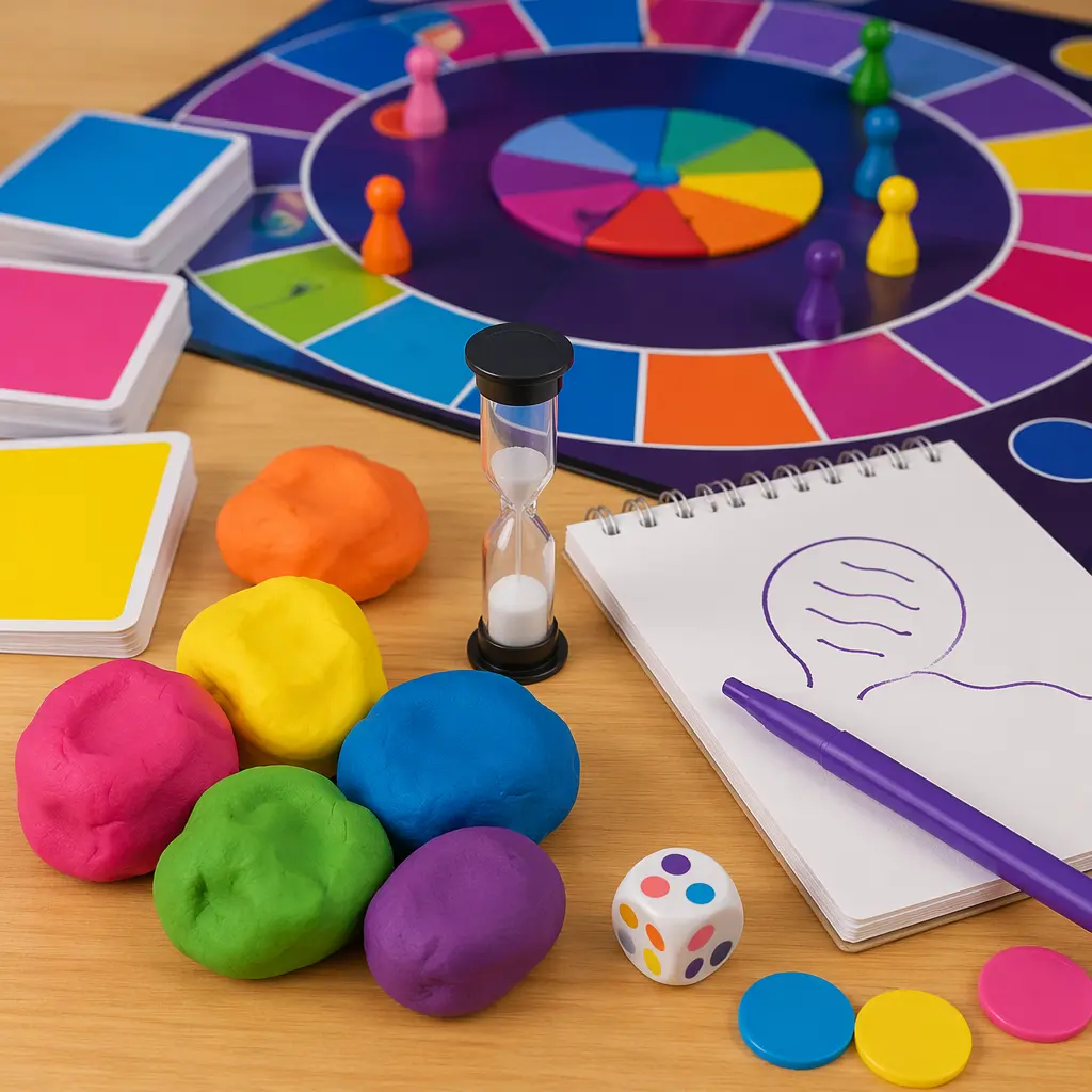 A colourful party board game setup with clay, cards and drawing tools on a table