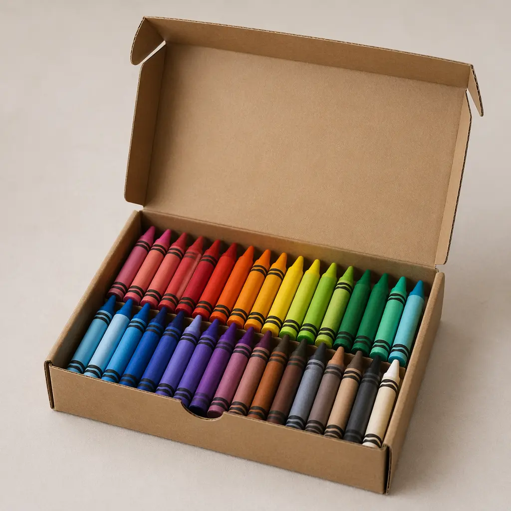An open box of colorful wax crayons arranged neatly in rows