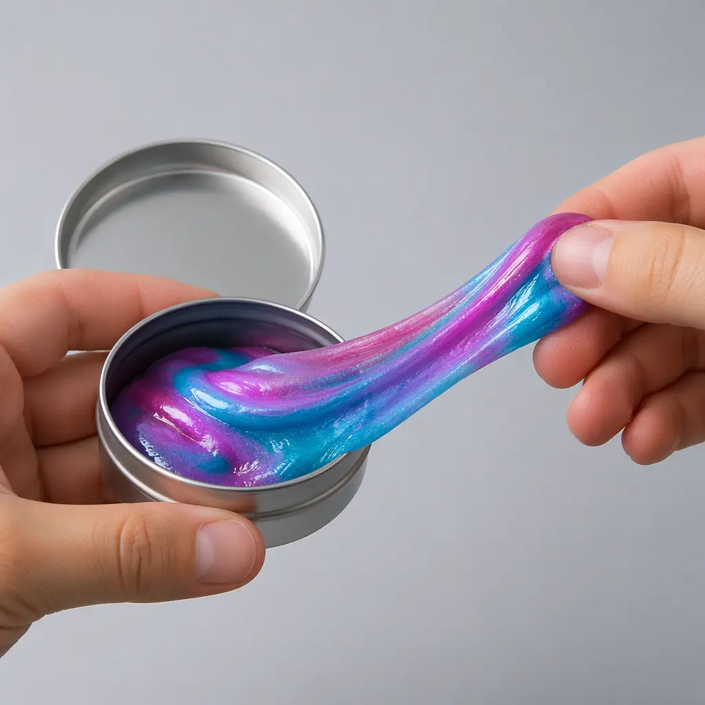 Colorful stretchy putty being pulled from a small tin