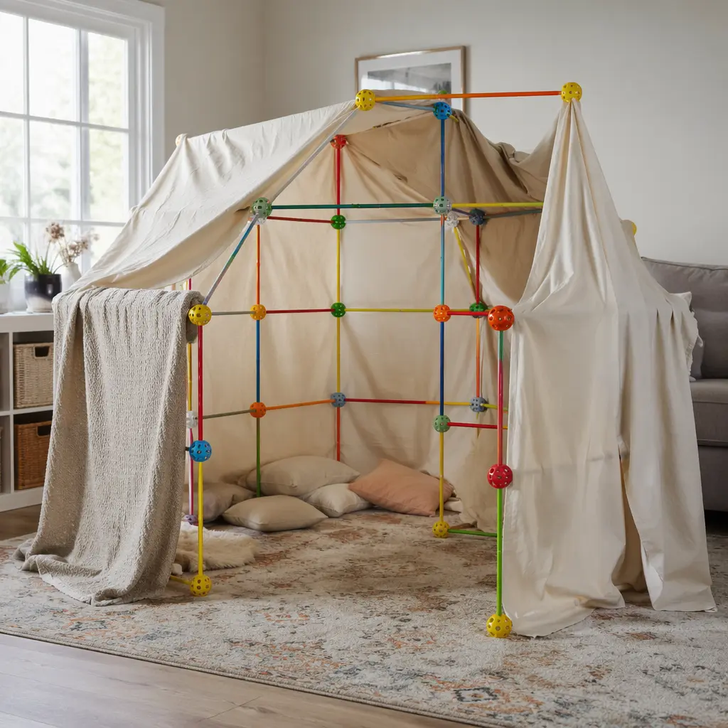 A geometric blanket fort made from colorful rods and connector balls in a living room