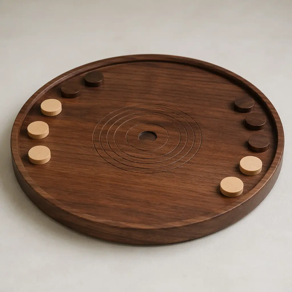 A polished wooden Crokinole-style flicking board with discs arranged for play