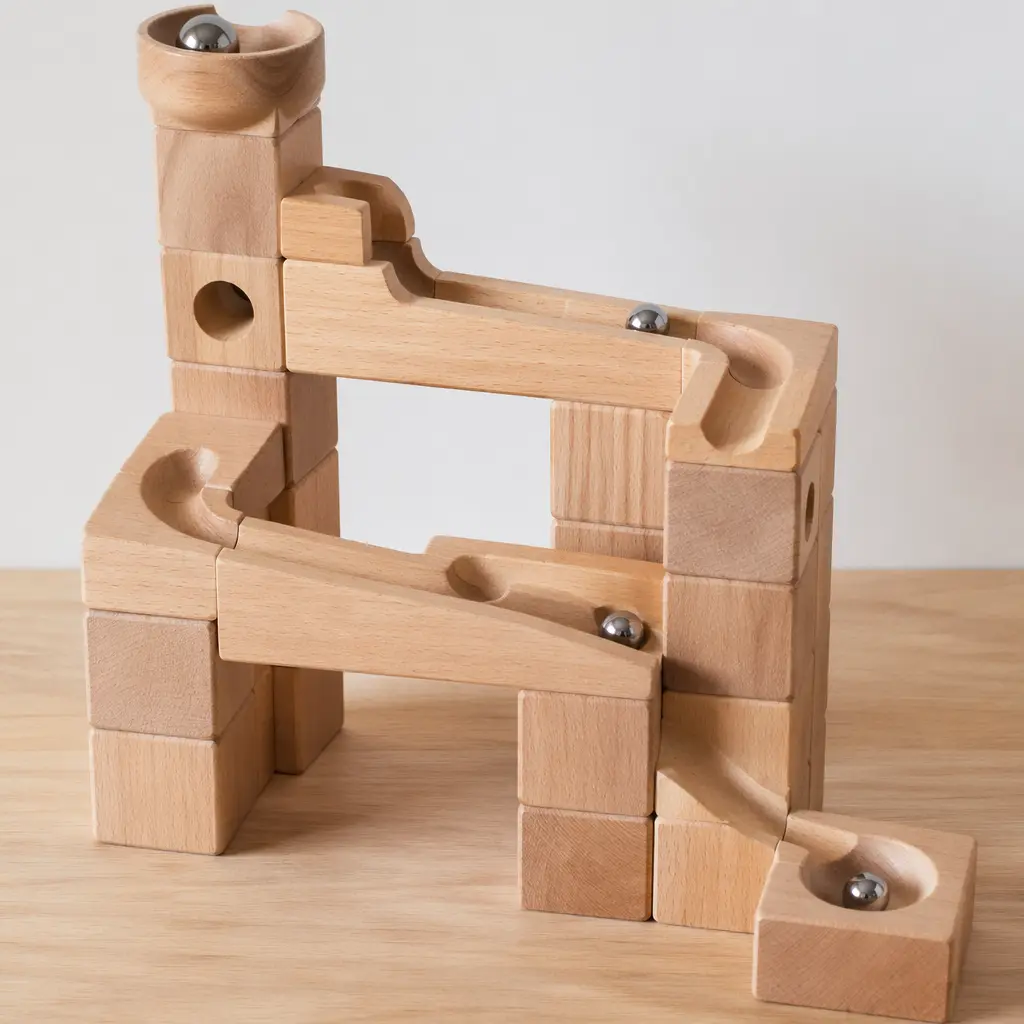 A modular wooden marble run built from cube blocks with visible grooves and rolling marbles