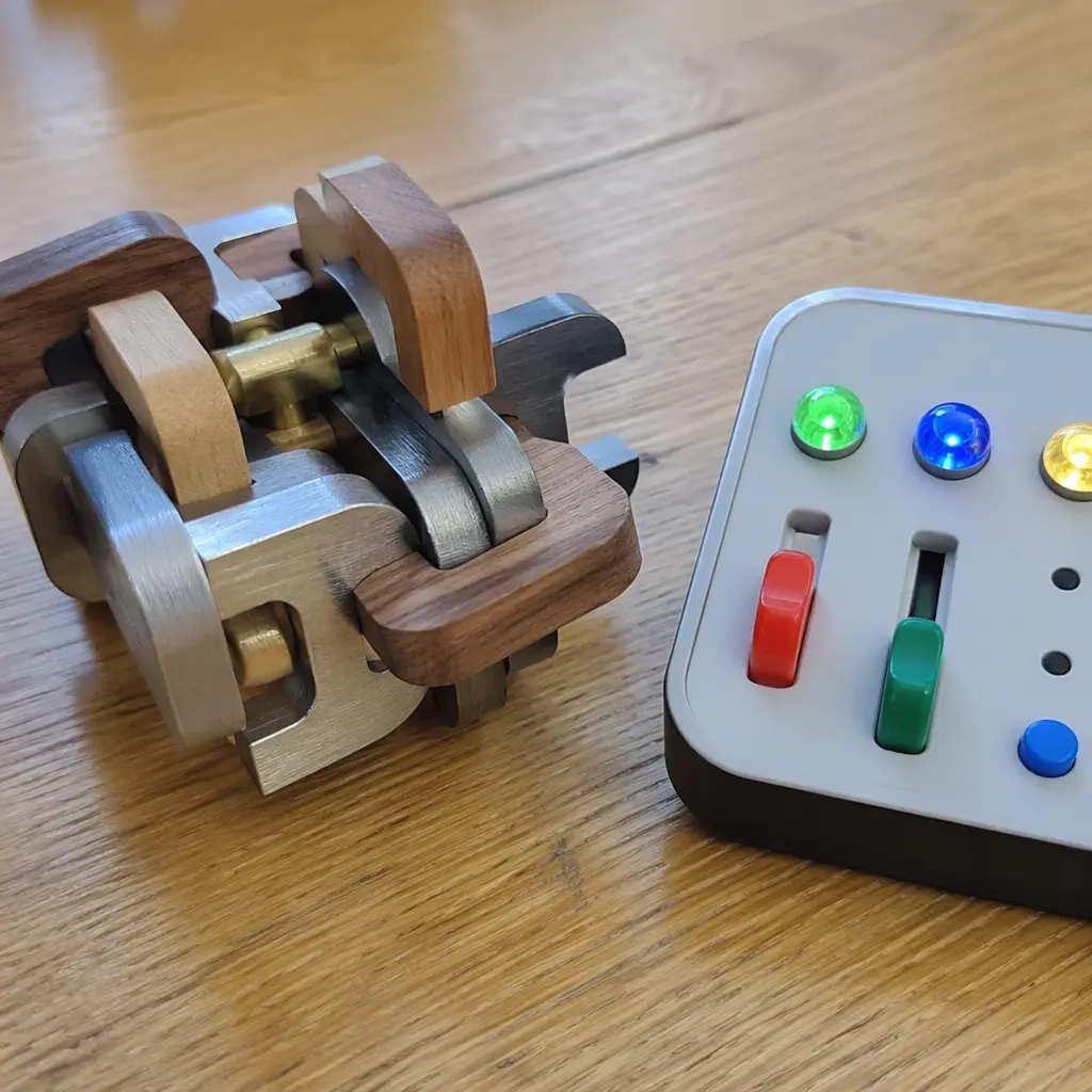 Mechanical puzzle pieces and a simple electronic toy side by side