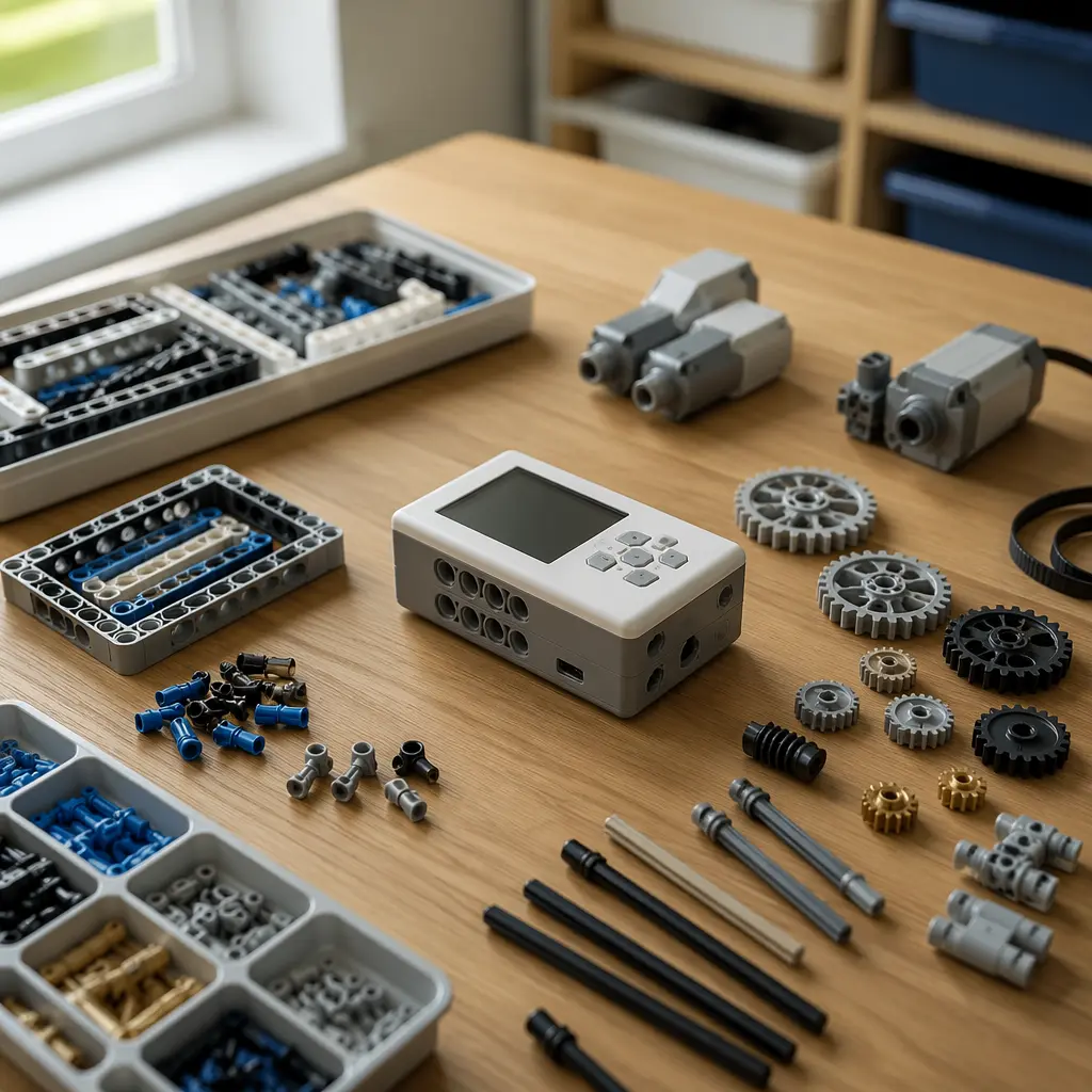 Building components and a small programmable device on a table