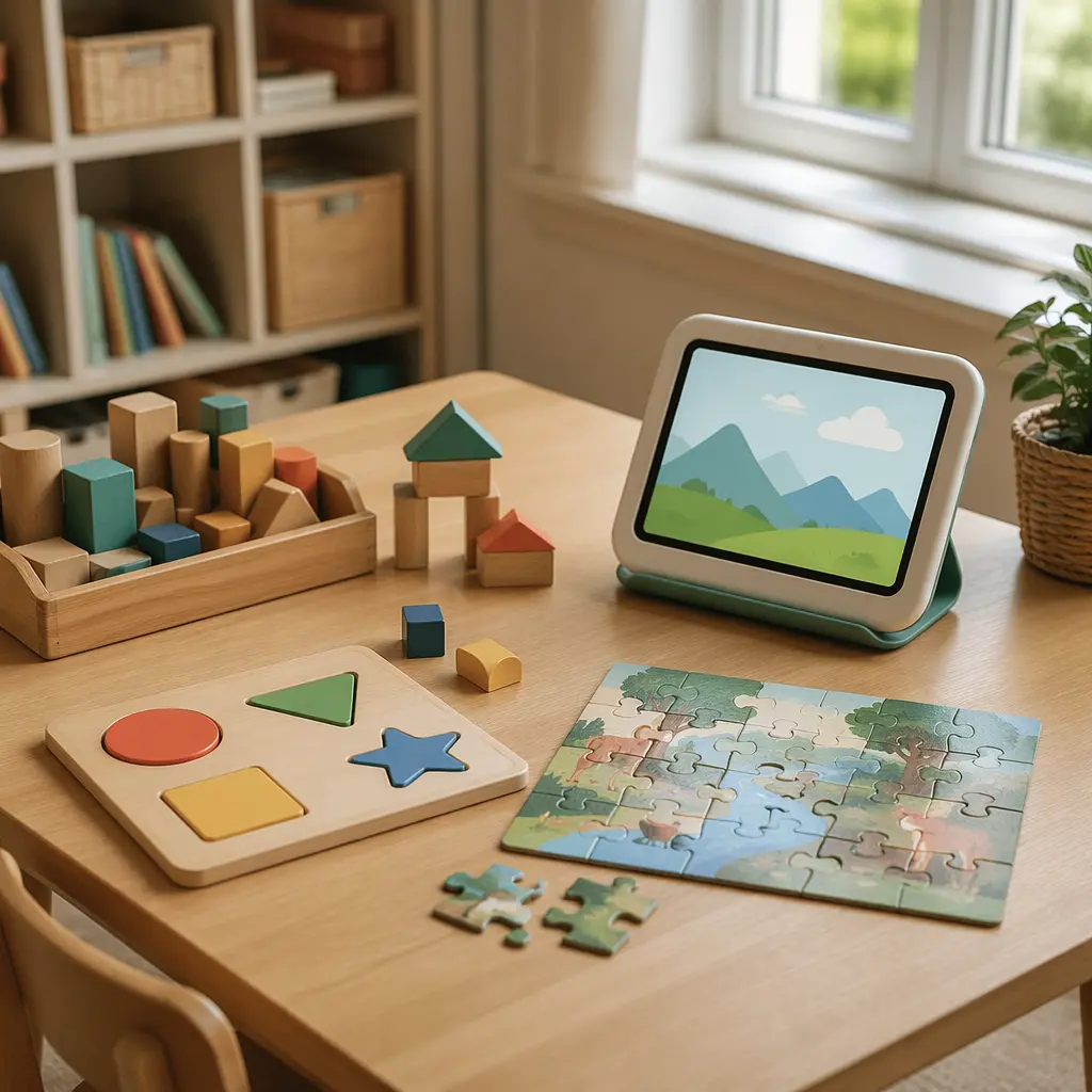 Hands-on puzzles and a smart toy arranged on a table in soft natural light