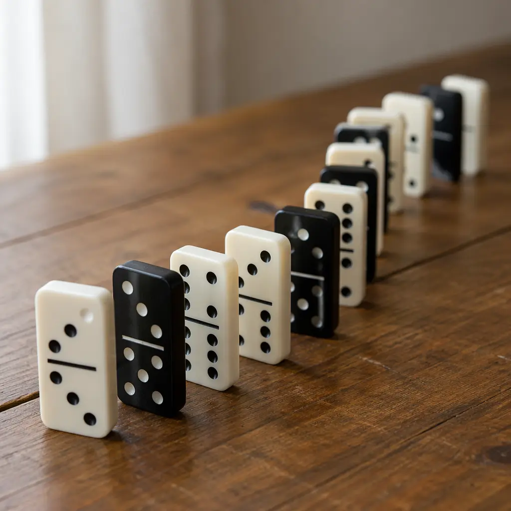 A classic set of black and white domino tiles laid out on a wooden table