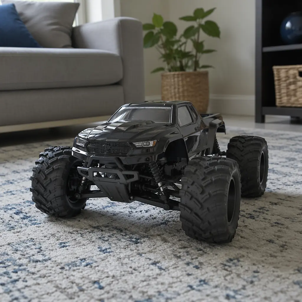 Sturdy RC vehicle with large wheels on an indoor rug