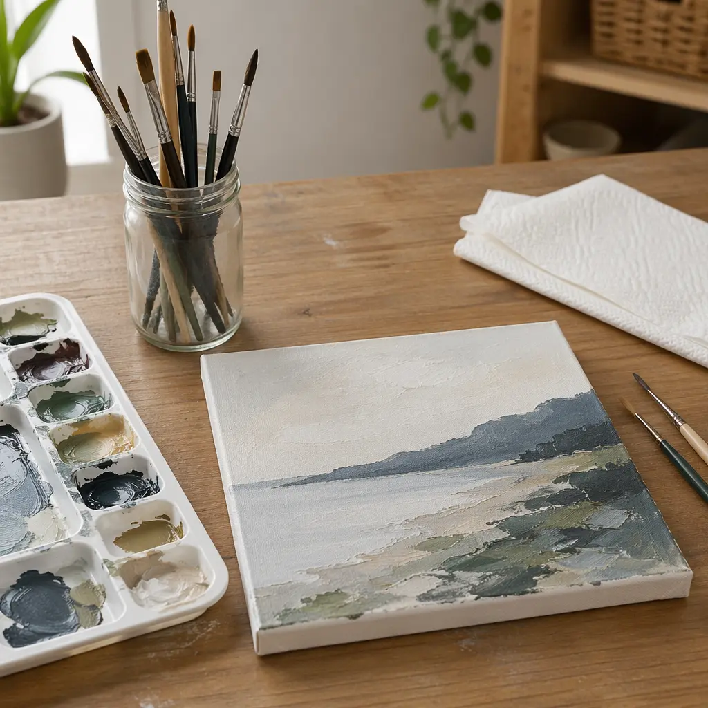 Clean craft workspace with a small art project in progress
